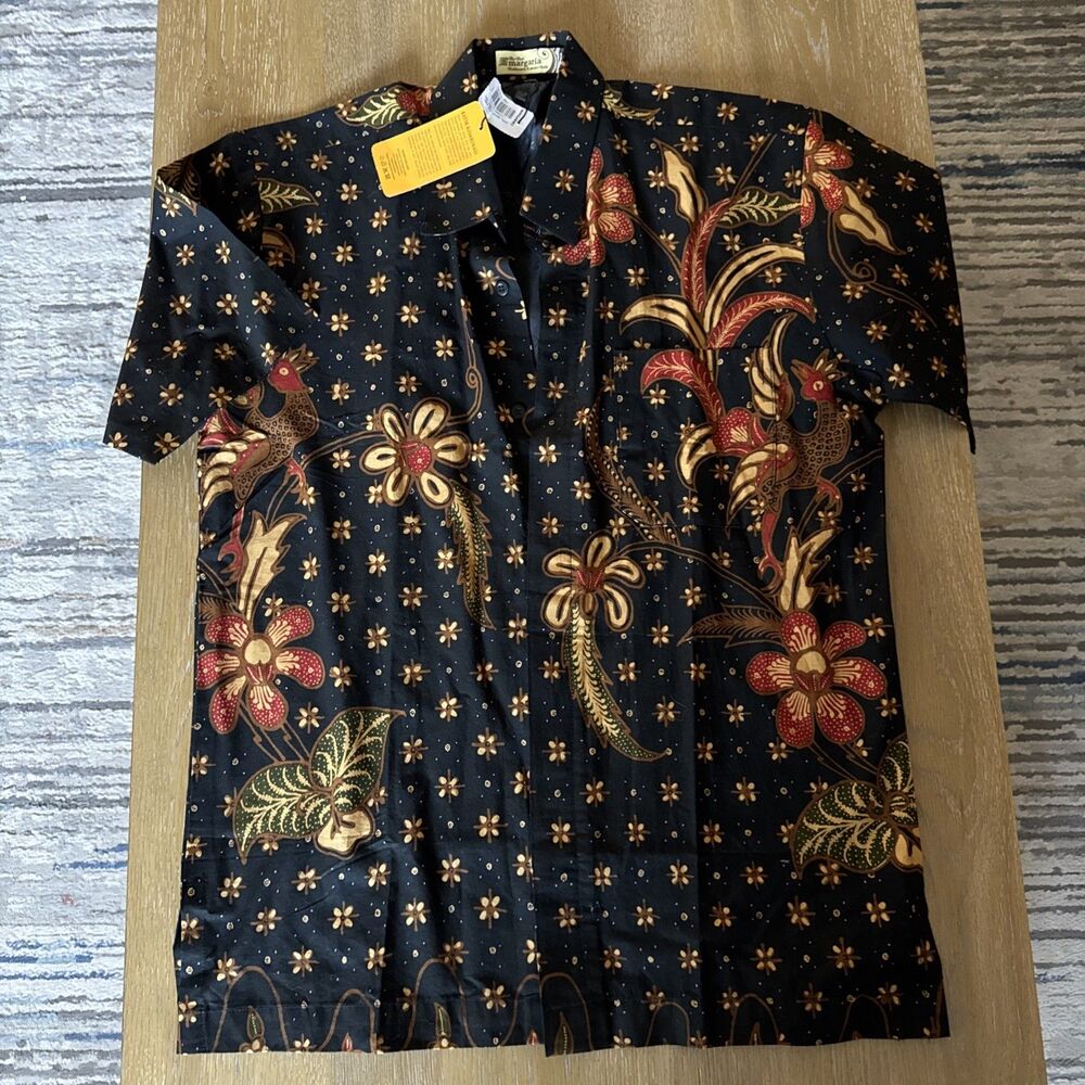 THE REAL MARGARIA L Batik Button Up Shirt Boho Ethnic Bird RP-535 Hawaiian